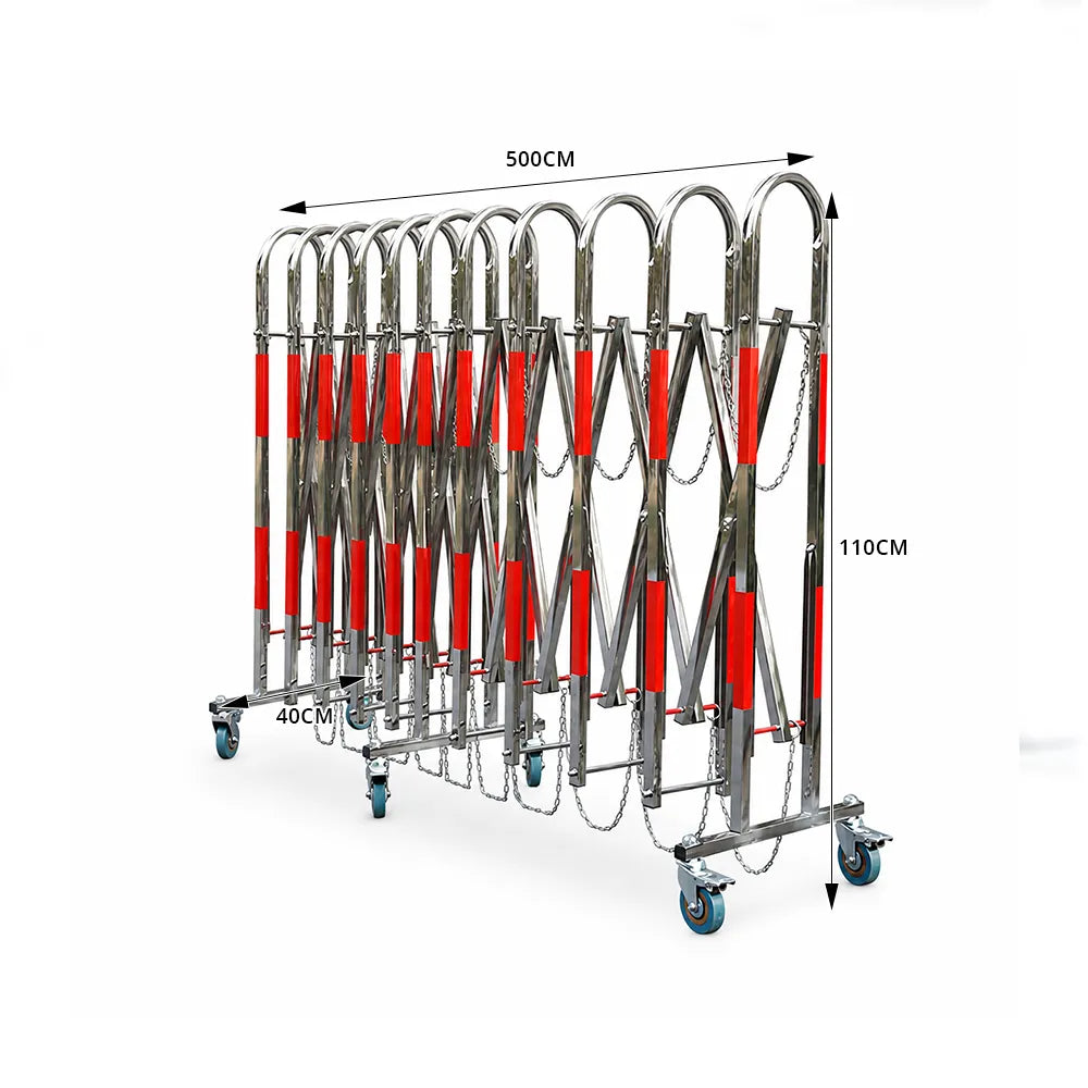 GROVIA Stainless Steel Retractable Safety Barrier 1.1m Height x 3m/5m Length Mobile Crowd Control Fence with Wheels - Red Silver