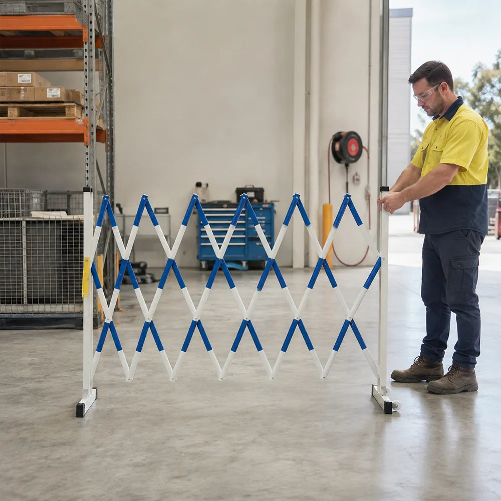 GROVIA Heavy Duty Fiberglass Retractable Safety Barrier 1.2m Height x 6m/7m Length Blue White Insulated Expandable Fence - Portable Guardrail