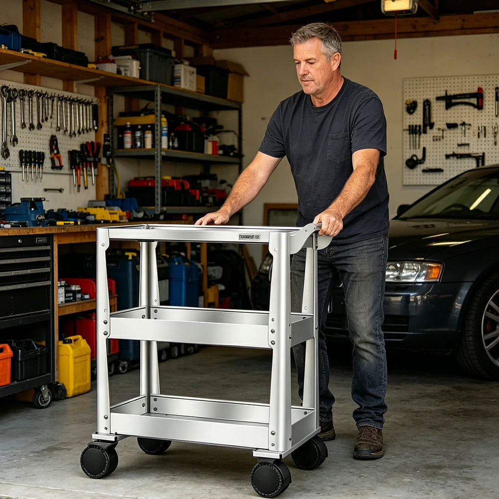 GROVIA Stainless Steel Utility Trolley Reinforced Stable Large Size 780x460x920mm Workshop Kitchen Storage Cart - Silver