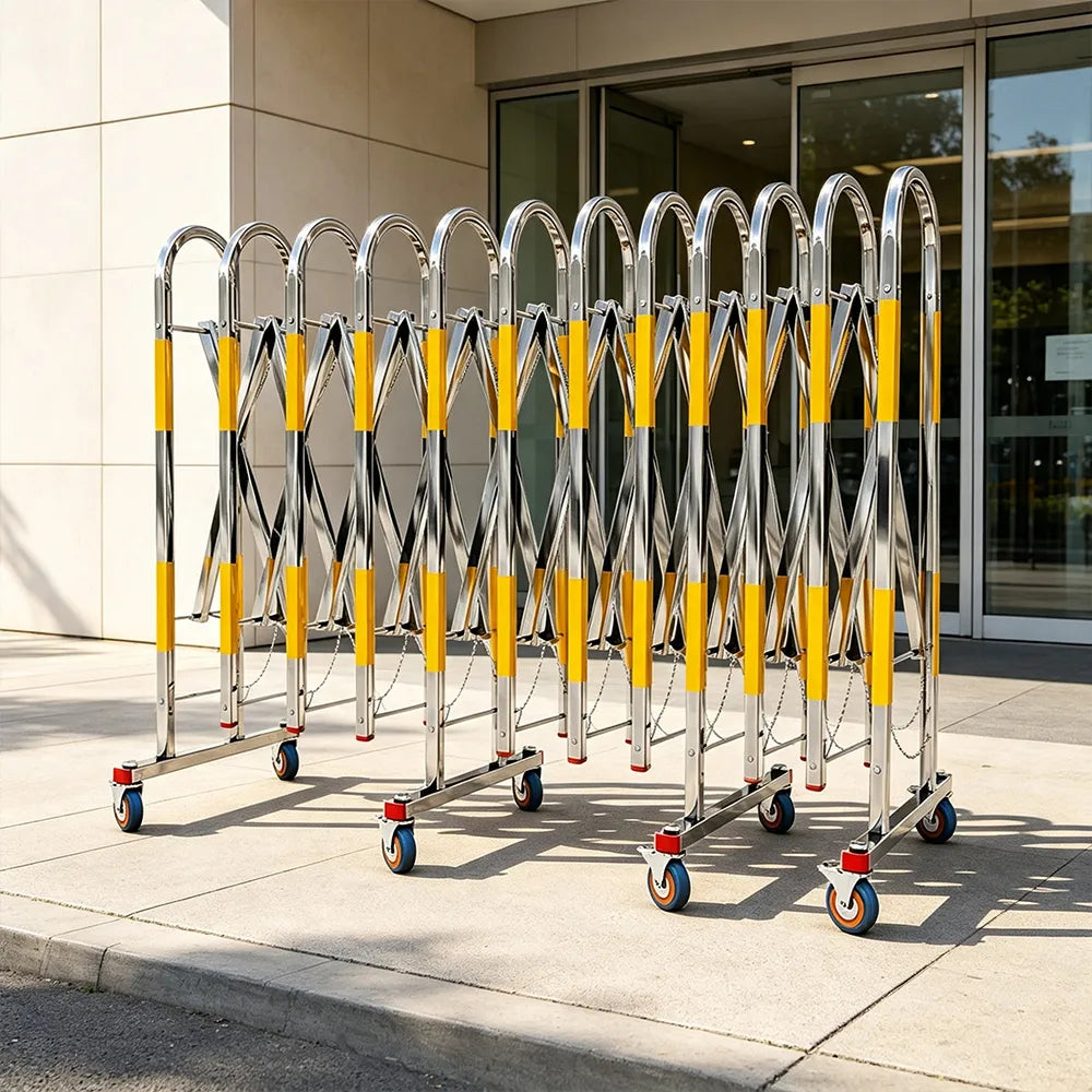 GROVIA Heavy Duty Stainless Steel Retractable Safety Barrier 1.1m Height x 3m/5m Length Expandable Crowd Control Fence with Wheels - Yellow
