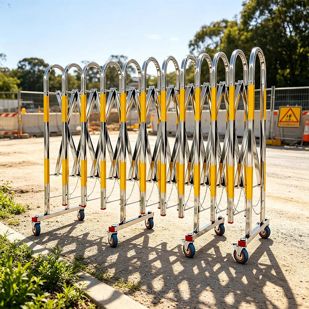 GROVIA Heavy Duty Stainless Steel Retractable Safety Barrier 1.1m Height x 3m/5m Length Expandable Crowd Control Fence with Wheels - Yellow