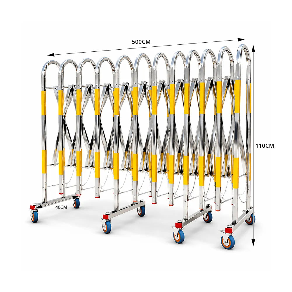 GROVIA Heavy Duty Stainless Steel Retractable Safety Barrier 1.1m Height x 3m/5m Length Expandable Crowd Control Fence with Wheels - Yellow