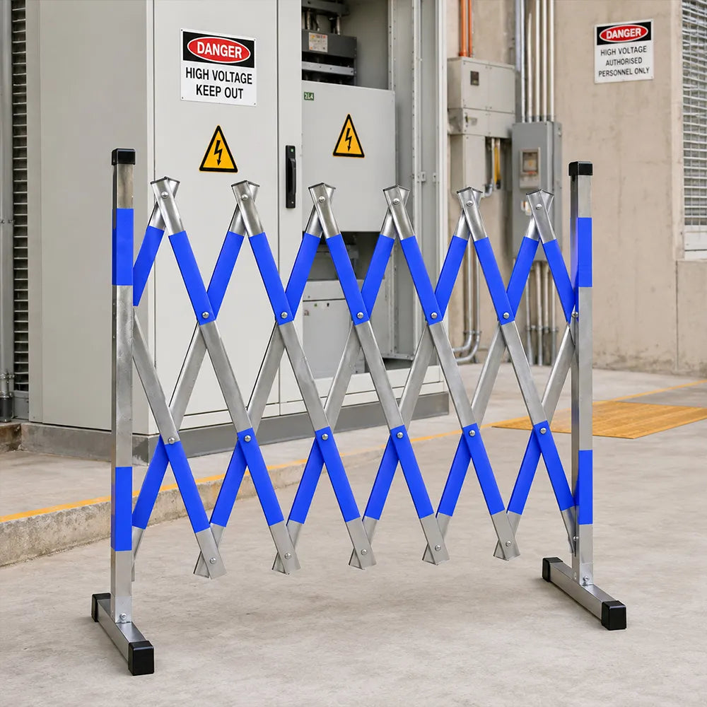GROVIA Portable Retractable Safety Barrier 1.2m Height x 4m Length Expandable Crowd Control Fence with Reflective Strips - Blue & Silver