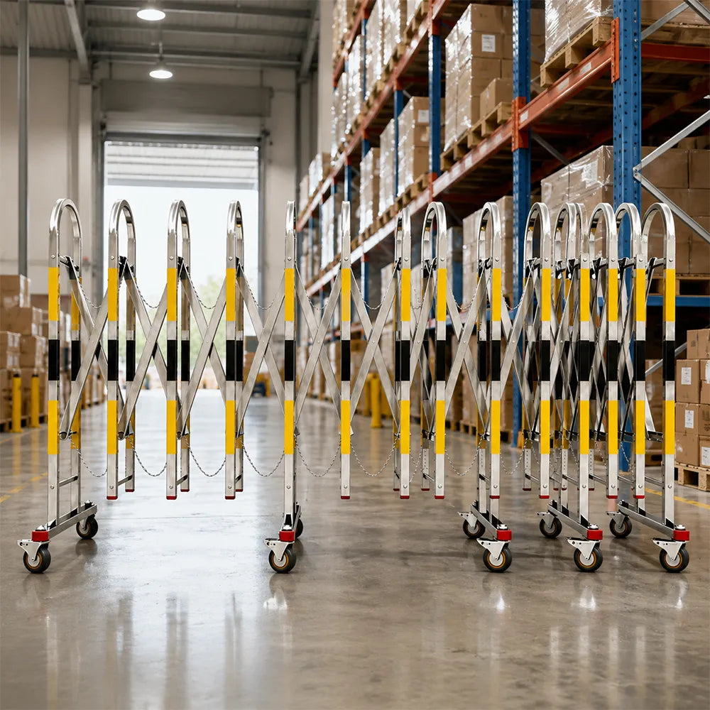 GROVIA Heavy Duty Stainless Steel Retractable Safety Barrier 1.1m Height x 3m/5m Length Expandable Crowd Control Fence with Wheels - Yellow & Black