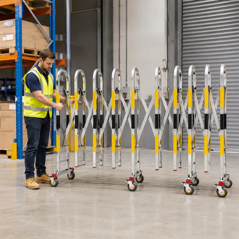 GROVIA Heavy Duty Stainless Steel Retractable Safety Barrier 1.1m Height x 3m/5m Length Expandable Crowd Control Fence with Wheels - Yellow & Black