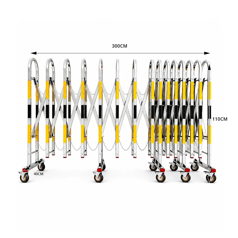 GROVIA Heavy Duty Stainless Steel Retractable Safety Barrier 1.1m Height x 3m/5m Length Expandable Crowd Control Fence with Wheels - Yellow & Black