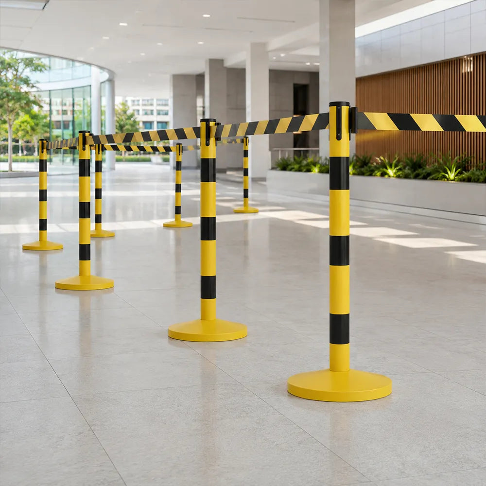 GROVIA Premium Retractable Belt Barrier 92cm Height with 3m Yellow Black Belt Heavy Duty Weighted Base Crowd Control Stanchion - Yellow & Black