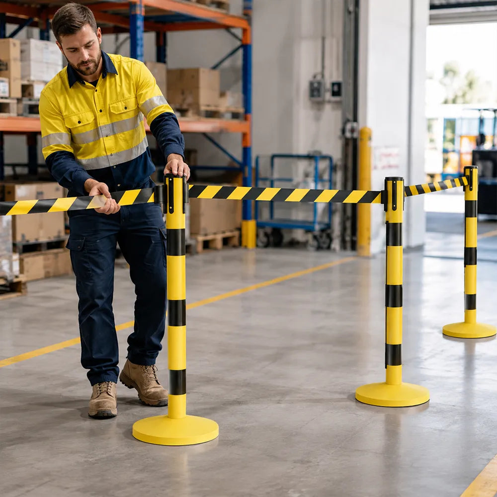 GROVIA Premium Retractable Belt Barrier 92cm Height with 3m Yellow Black Belt Heavy Duty Weighted Base Crowd Control Stanchion - Yellow & Black