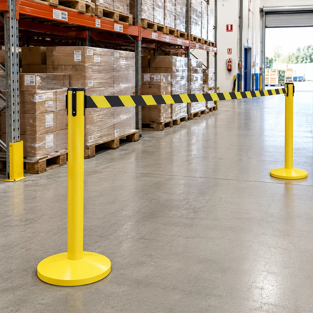 GROVIA Premium Retractable Belt Barrier 92cm Height with 3m Yellow Black Belt Heavy Duty Weighted Base Crowd Control Stanchion - Yellow