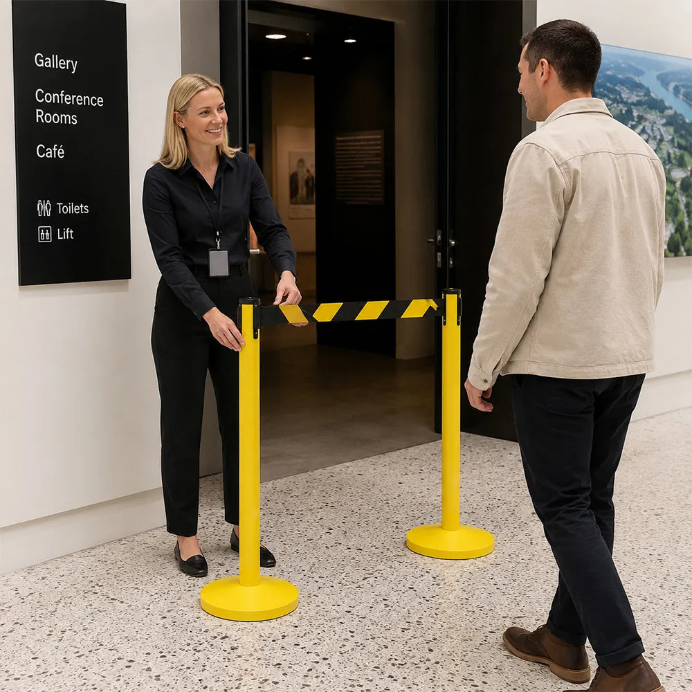 GROVIA Premium Retractable Belt Barrier 92cm Height with 3m Yellow Black Belt Heavy Duty Weighted Base Crowd Control Stanchion - Yellow