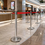 GROVIA Stainless Steel Retractable Belt Barrier 97cm Height with 2m Line U Shape Cast Iron Base Queue Control Stanchion - Silver