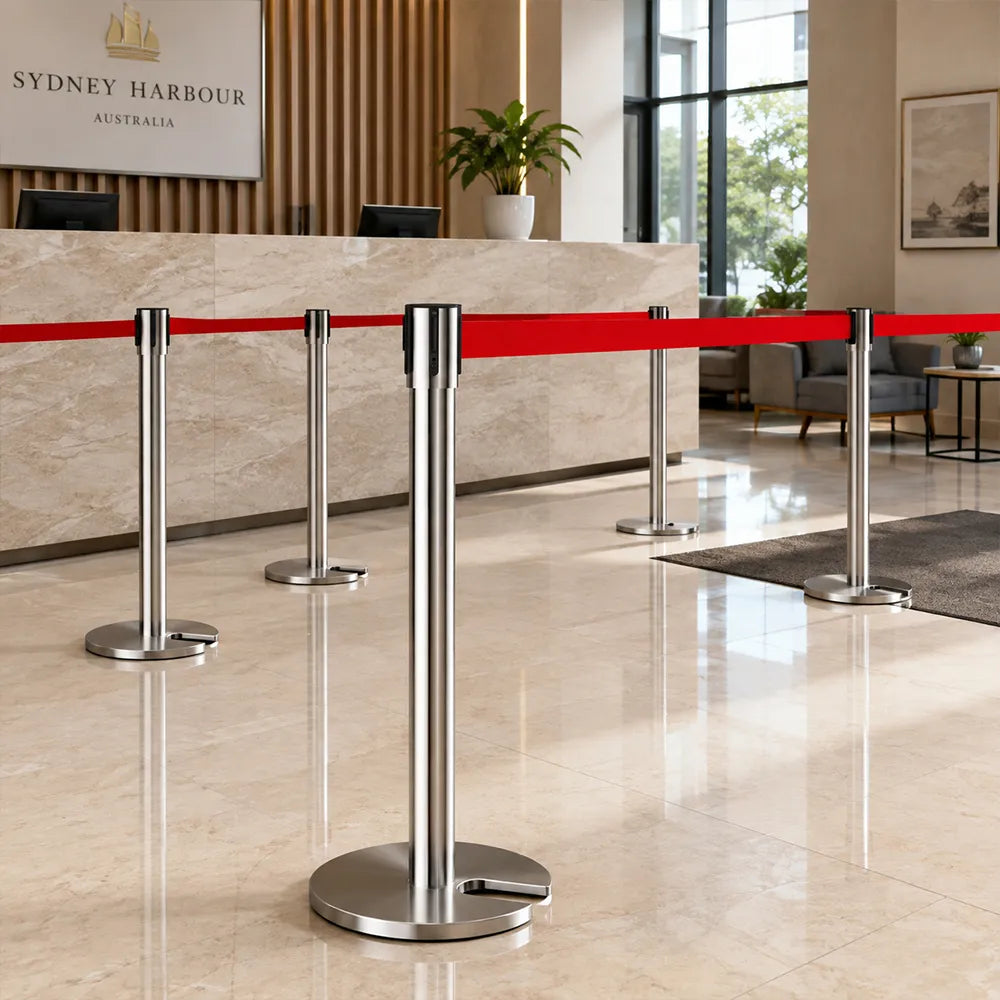 GROVIA Stainless Steel Retractable Belt Barrier 97cm Height with 2m Line U Shape Cast Iron Base Queue Control Stanchion - Silver