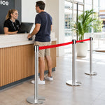 GROVIA Stainless Steel Retractable Belt Barrier 97cm Height with 2m Line U Shape Cast Iron Base Queue Control Stanchion - Silver