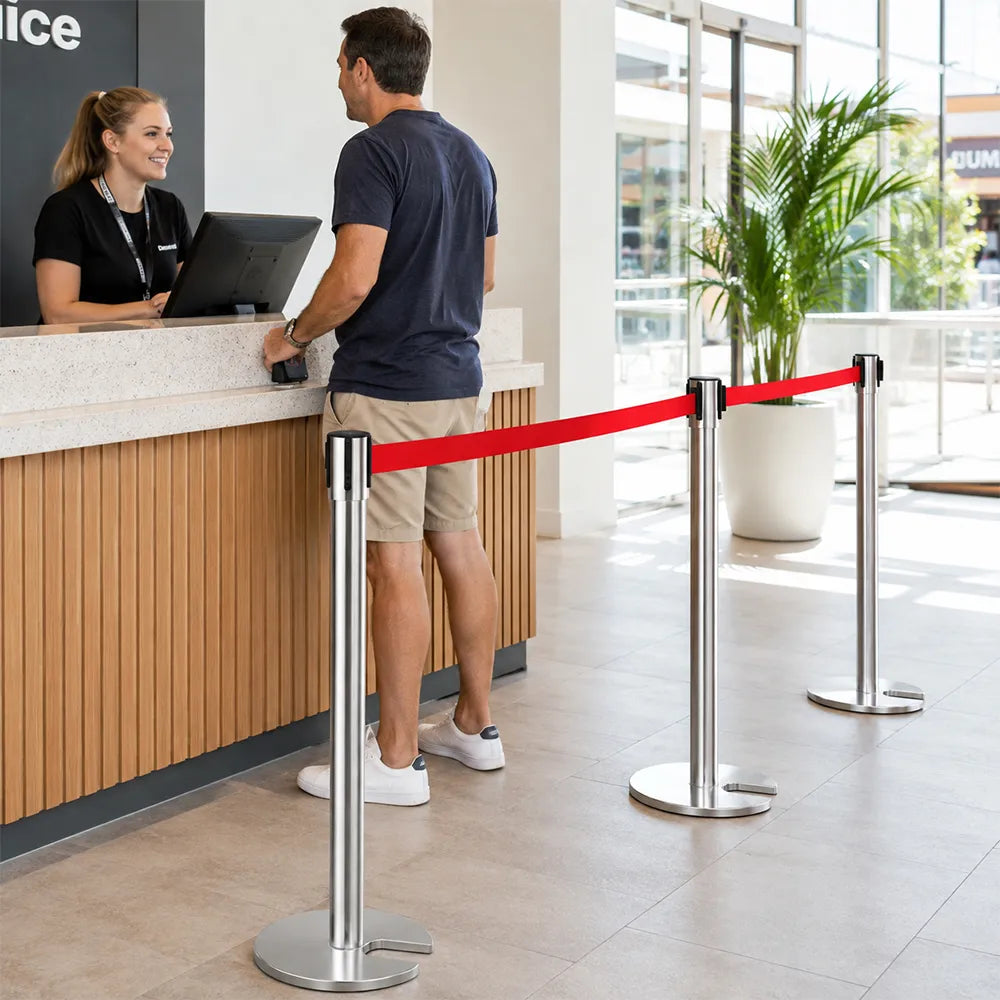 GROVIA Stainless Steel Retractable Belt Barrier 97cm Height with 2m Line U Shape Cast Iron Base Queue Control Stanchion - Silver