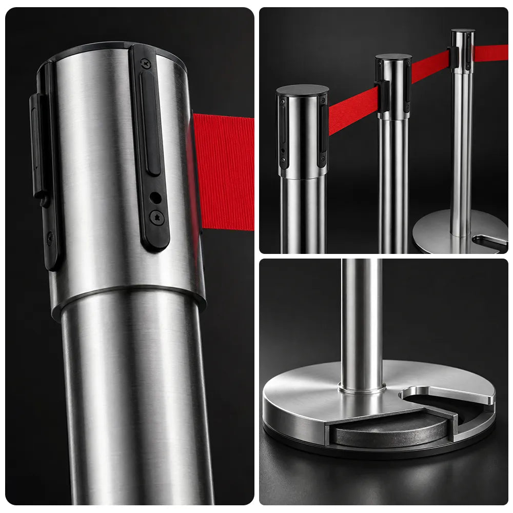 GROVIA Stainless Steel Retractable Belt Barrier 97cm Height with 2m Line U Shape Cast Iron Base Queue Control Stanchion - Silver