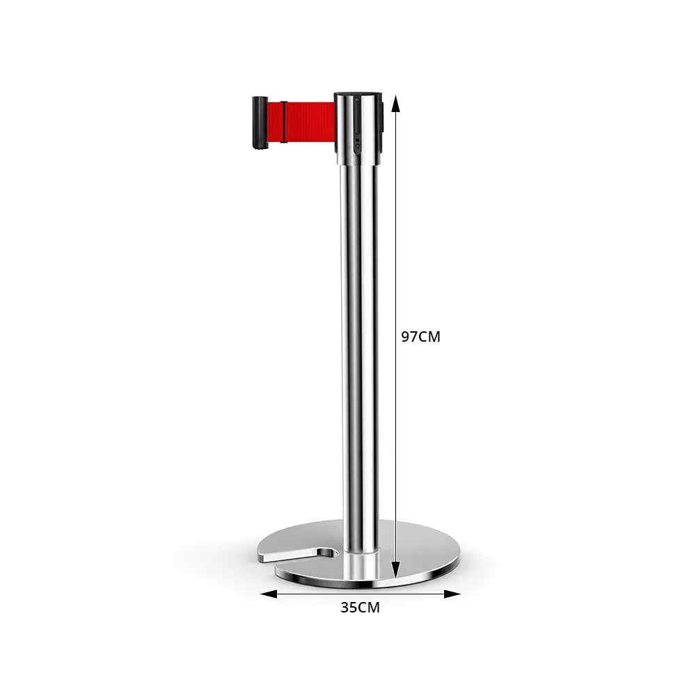GROVIA Stainless Steel Retractable Belt Barrier 97cm Height with 2m Line U Shape Cast Iron Base Queue Control Stanchion - Silver