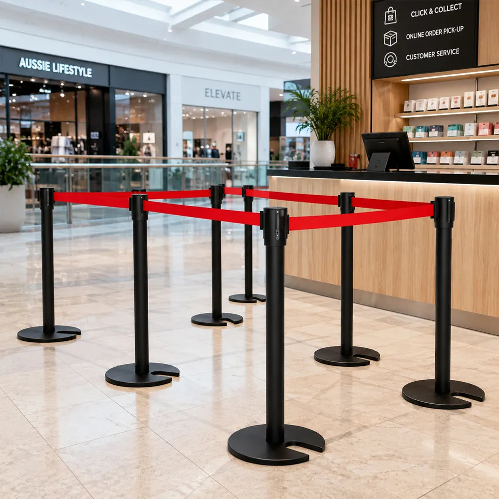 GROVIA Stainless Steel Retractable Belt Barrier 97cm Height with 2m Line U Shape Cast Iron Base Queue Control Stanchion - Black