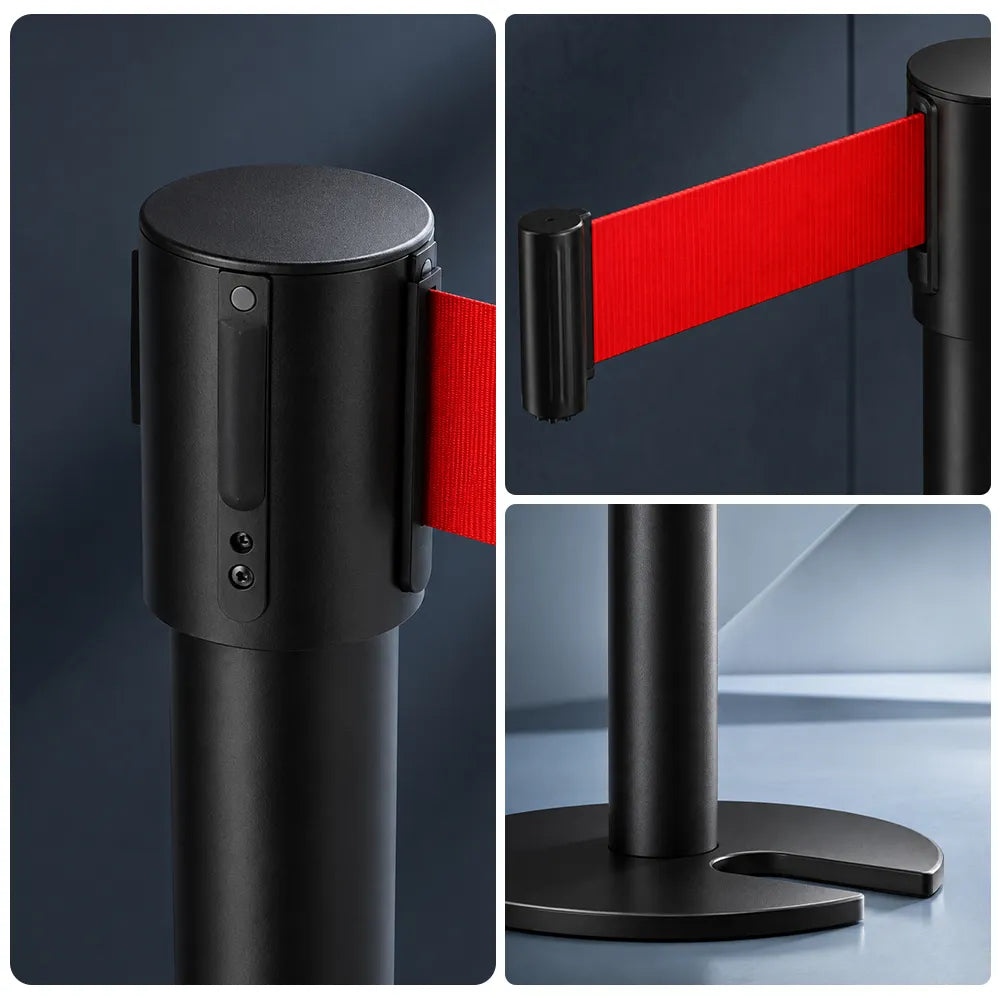 GROVIA Stainless Steel Retractable Belt Barrier 97cm Height with 2m Line U Shape Cast Iron Base Queue Control Stanchion - Black