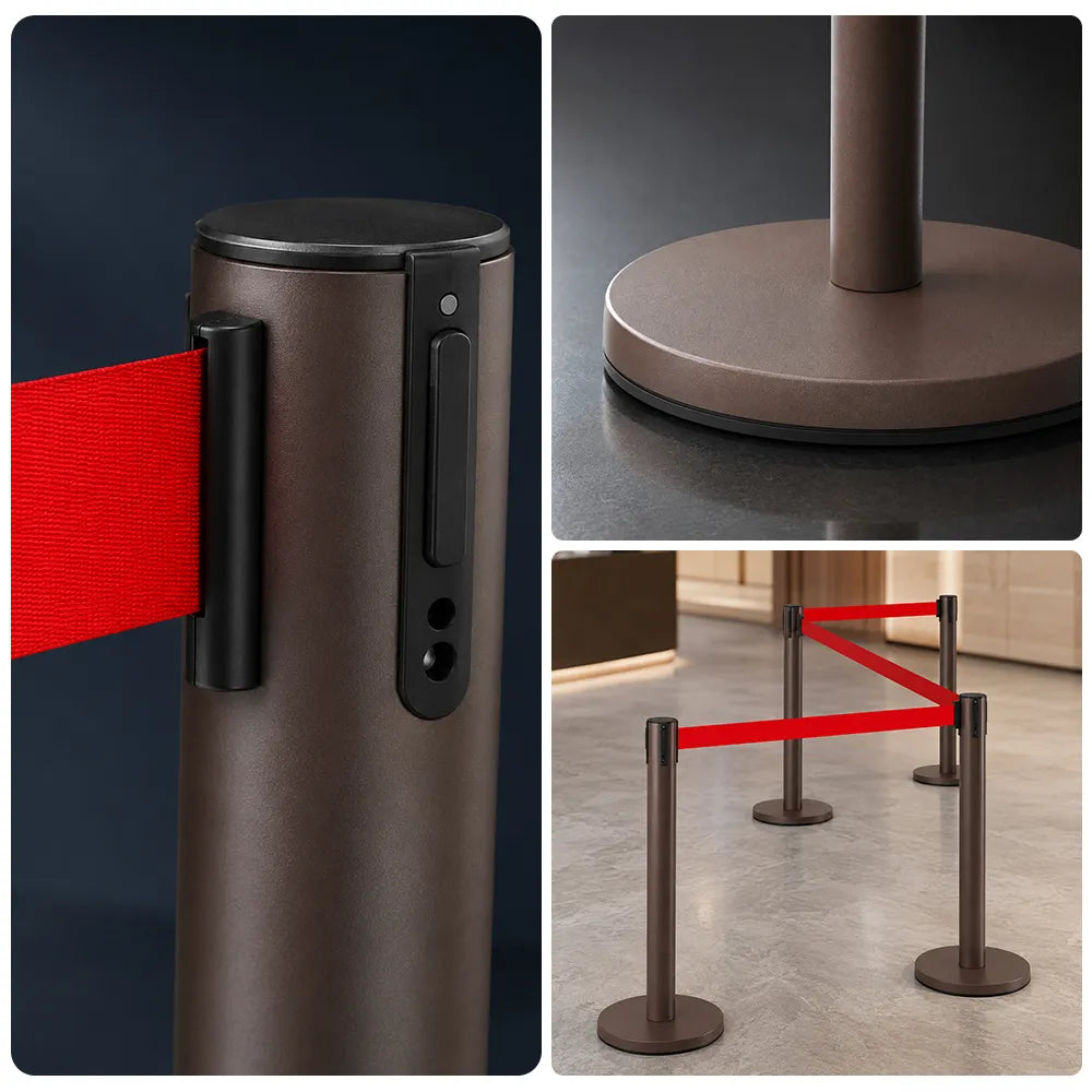 GROVIA Heavy Duty Retractable Belt Barrier 90cm Height with 5m Coffee Belt and Weighted Iron Base Queue Control Stanchion - Brown