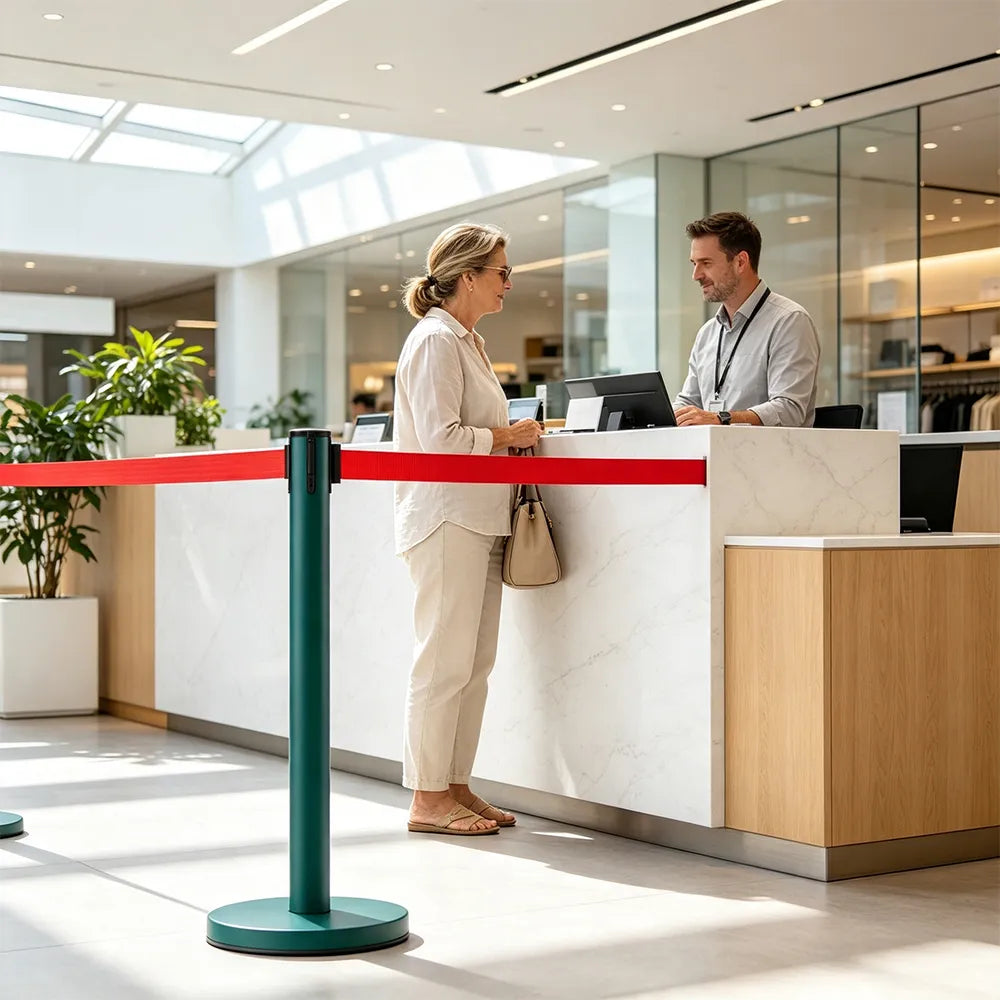 GROVIA Heavy Duty Retractable Belt Barrier 90cm Height with 5m Coffee Belt and Weighted Iron Base Queue Control Stanchion - Green