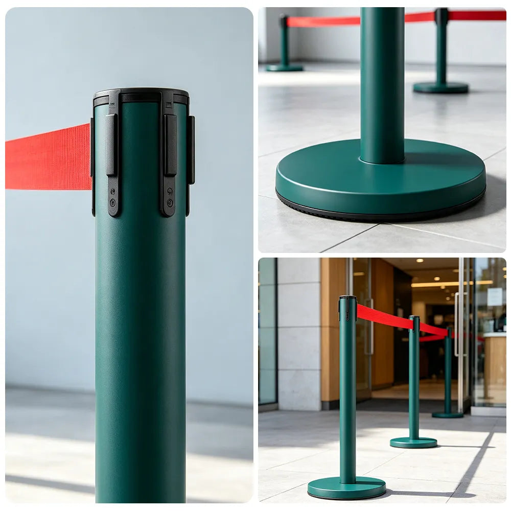 GROVIA Heavy Duty Retractable Belt Barrier 90cm Height with 5m Coffee Belt and Weighted Iron Base Queue Control Stanchion - Green