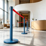 GROVIA Heavy Duty Retractable Belt Barrier 90cm Height with 5m Coffee Belt and Weighted Iron Base Queue Control Stanchion - Blue