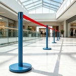 GROVIA Heavy Duty Retractable Belt Barrier 90cm Height with 5m Coffee Belt and Weighted Iron Base Queue Control Stanchion - Blue