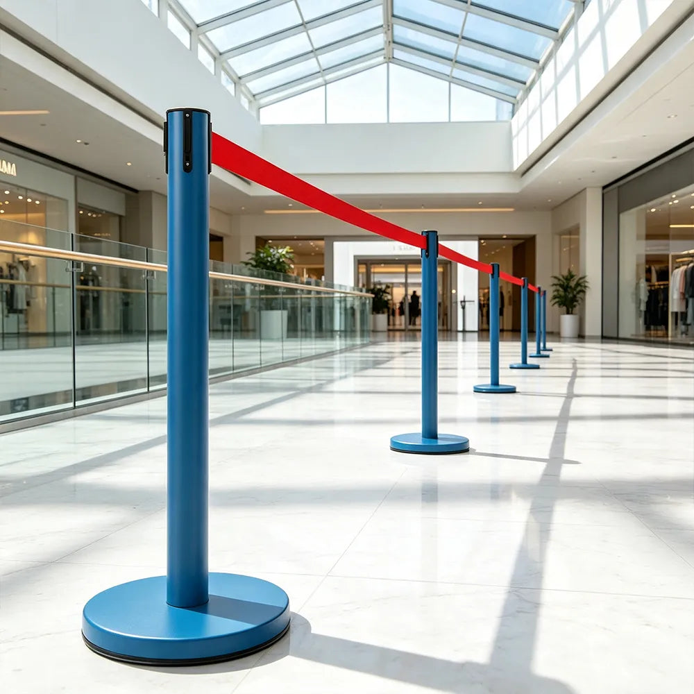 GROVIA Heavy Duty Retractable Belt Barrier 90cm Height with 5m Coffee Belt and Weighted Iron Base Queue Control Stanchion - Blue