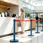 GROVIA Heavy Duty Retractable Belt Barrier 90cm Height with 5m Coffee Belt and Weighted Iron Base Queue Control Stanchion - Blue