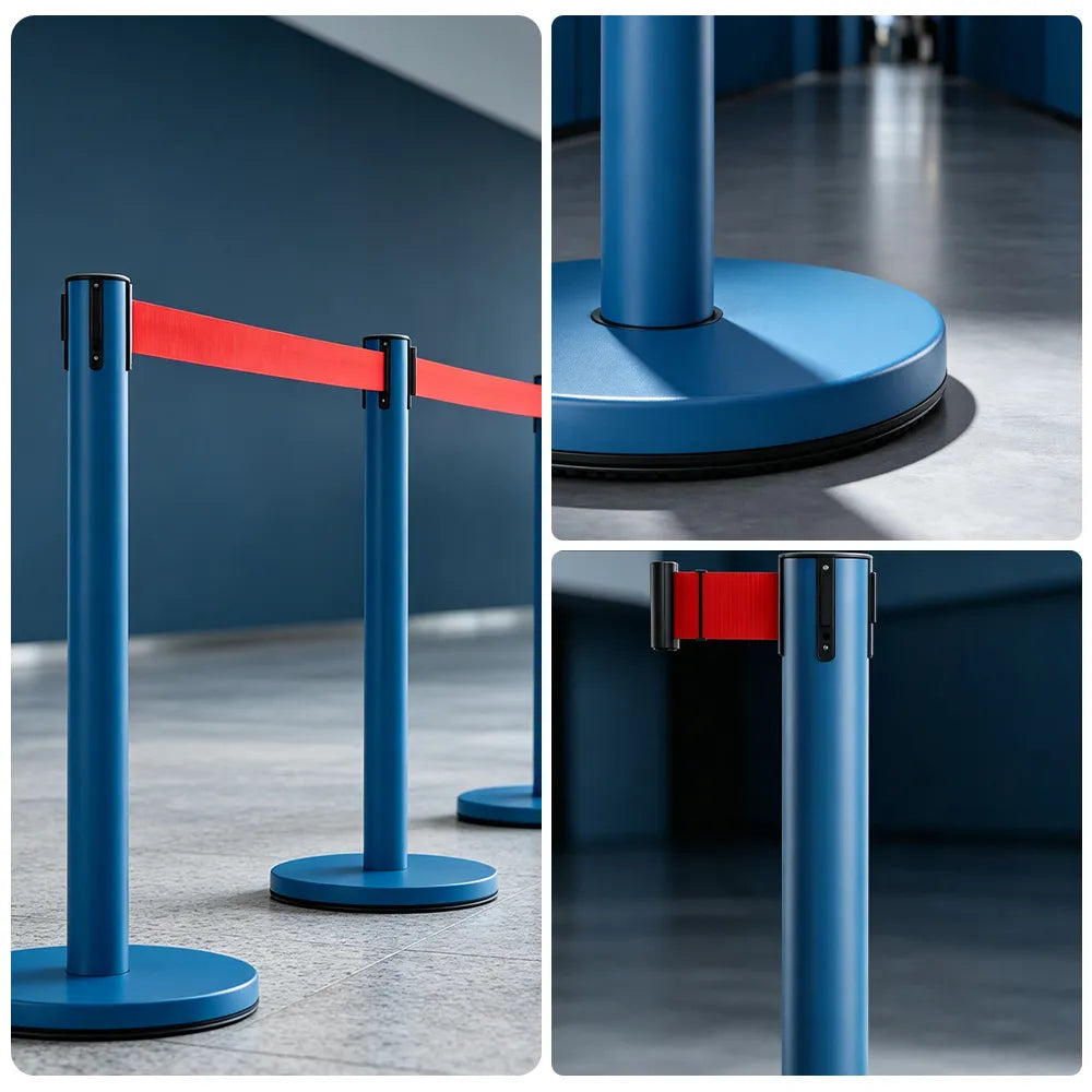 GROVIA Heavy Duty Retractable Belt Barrier 90cm Height with 5m Coffee Belt and Weighted Iron Base Queue Control Stanchion - Blue