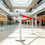 GROVIA Heavy Duty Retractable Belt Barrier 90cm Height with 5m Coffee Belt and Weighted Iron Base Queue Control Stanchion - White