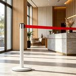 GROVIA Heavy Duty Retractable Belt Barrier 90cm Height with 5m Coffee Belt and Weighted Iron Base Queue Control Stanchion - White