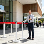 GROVIA Heavy Duty Retractable Belt Barrier 90cm Height with 5m Coffee Belt and Weighted Iron Base Queue Control Stanchion - White