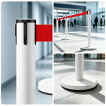 GROVIA Heavy Duty Retractable Belt Barrier 90cm Height with 5m Coffee Belt and Weighted Iron Base Queue Control Stanchion - White