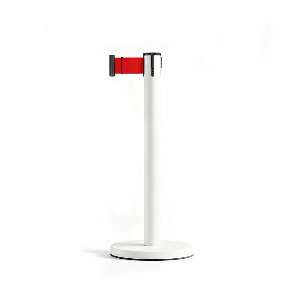 GROVIA Heavy Duty Retractable Belt Barrier 90cm Height with 5m Coffee Belt and Weighted Iron Base Queue Control Stanchion - White