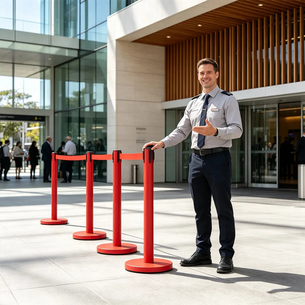 GROVIA Heavy Duty Retractable Belt Barrier 90cm Height with 5m Coffee Belt and Weighted Iron Base Queue Control Stanchion - Red