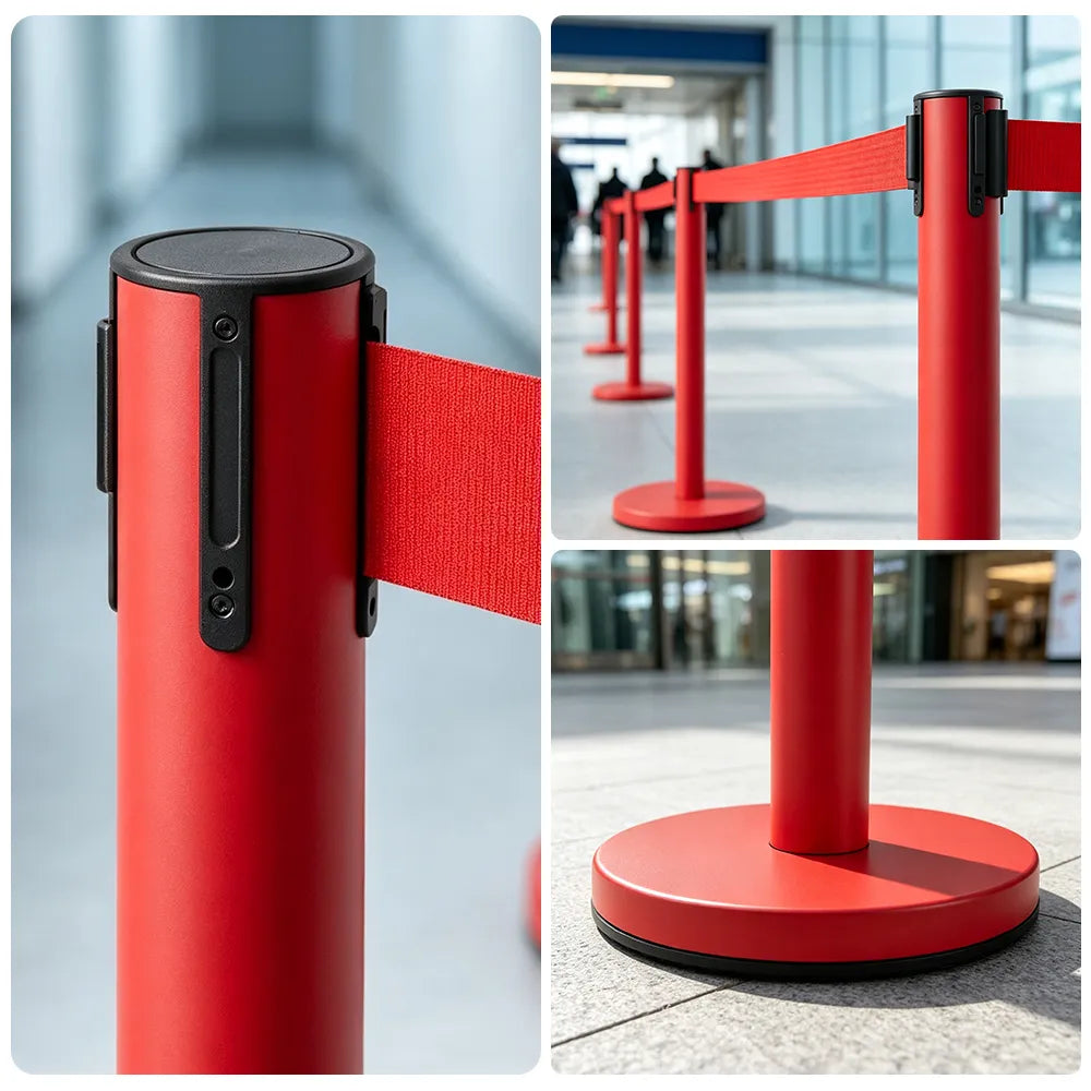 GROVIA Heavy Duty Retractable Belt Barrier 90cm Height with 5m Coffee Belt and Weighted Iron Base Queue Control Stanchion - Red