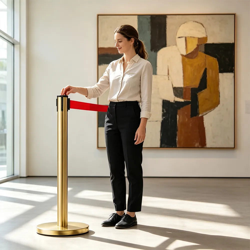 GROVIA Heavy Duty Retractable Belt Barrier 90cm Height with 5m Coffee Belt and Weighted Iron Base Queue Control Stanchion - Red & White