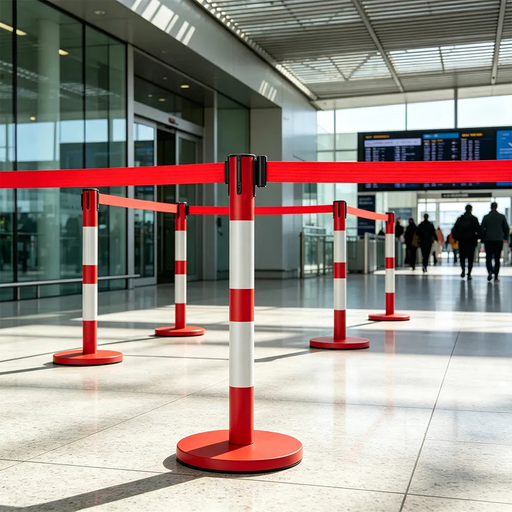 GROVIA Heavy Duty Retractable Belt Barrier 90cm Height with 5m Coffee Belt and Weighted Iron Base Queue Control Stanchion - Titanium Gold