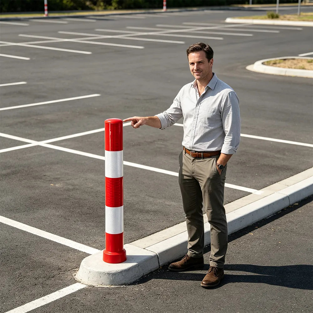 GROVIA TPU Flexible Traffic Bollard 100cm Height Pre-Embedded Safety Post with High Intensity Reflective Film - Red