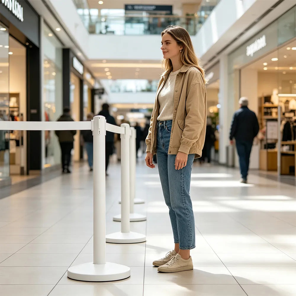 GROVIA Premium Retractable Belt Barrier 92cm Height with 2m Pink Belt Stainless Steel Queue Control Stanchion - White