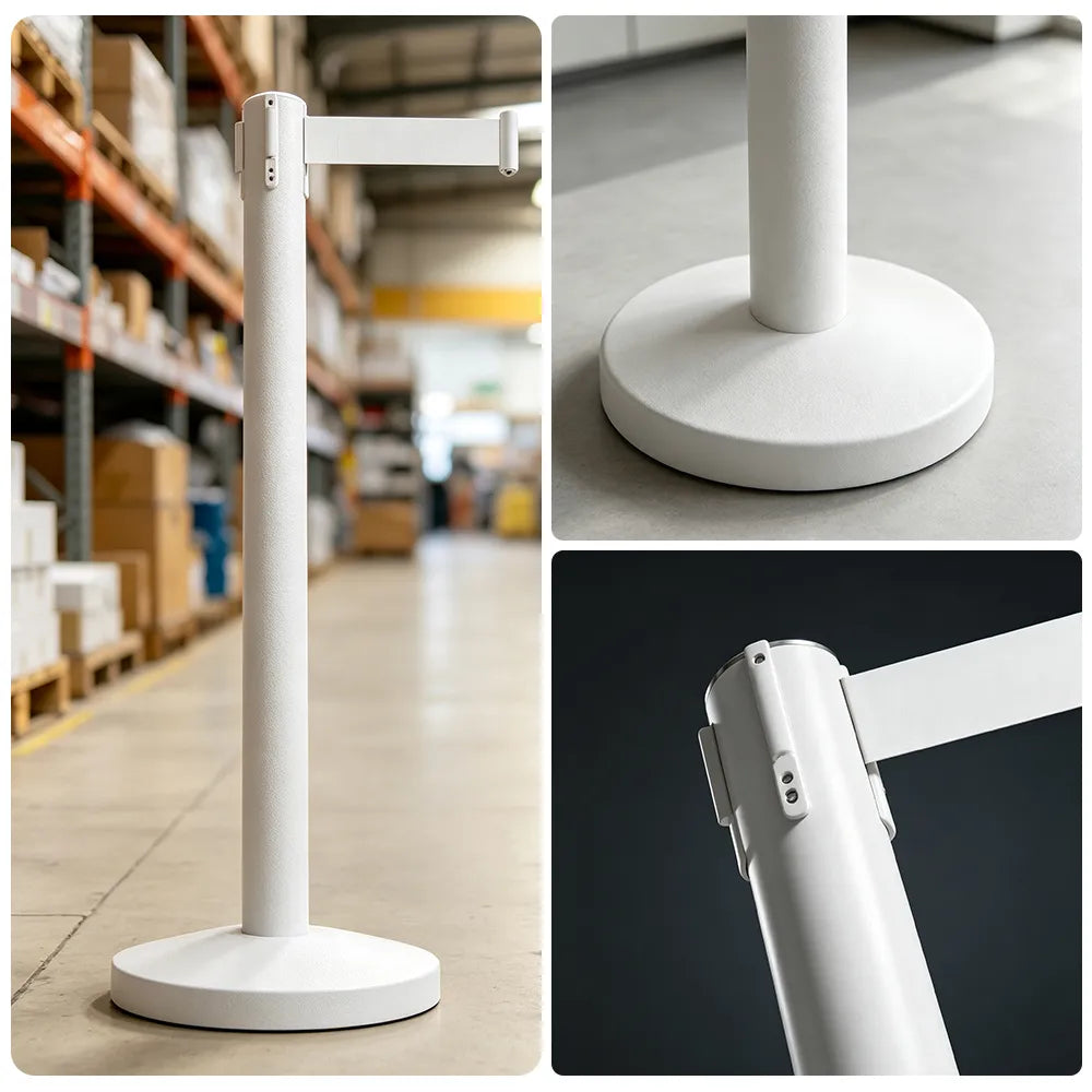 GROVIA Premium Retractable Belt Barrier 92cm Height with 2m Pink Belt Stainless Steel Queue Control Stanchion - White