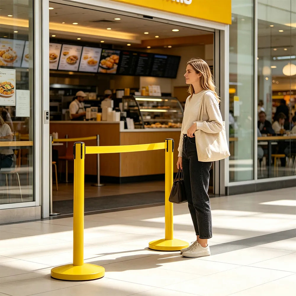 GROVIA Premium Retractable Belt Barrier 92cm Height with 2m Pink Belt Stainless Steel Queue Control Stanchion - Yellow