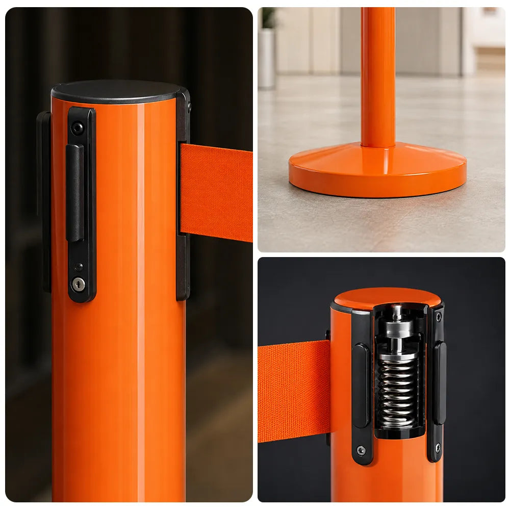 GROVIA Premium Retractable Belt Barrier 92cm Height with 2m Pink Belt Stainless Steel Queue Control Stanchion - Orange