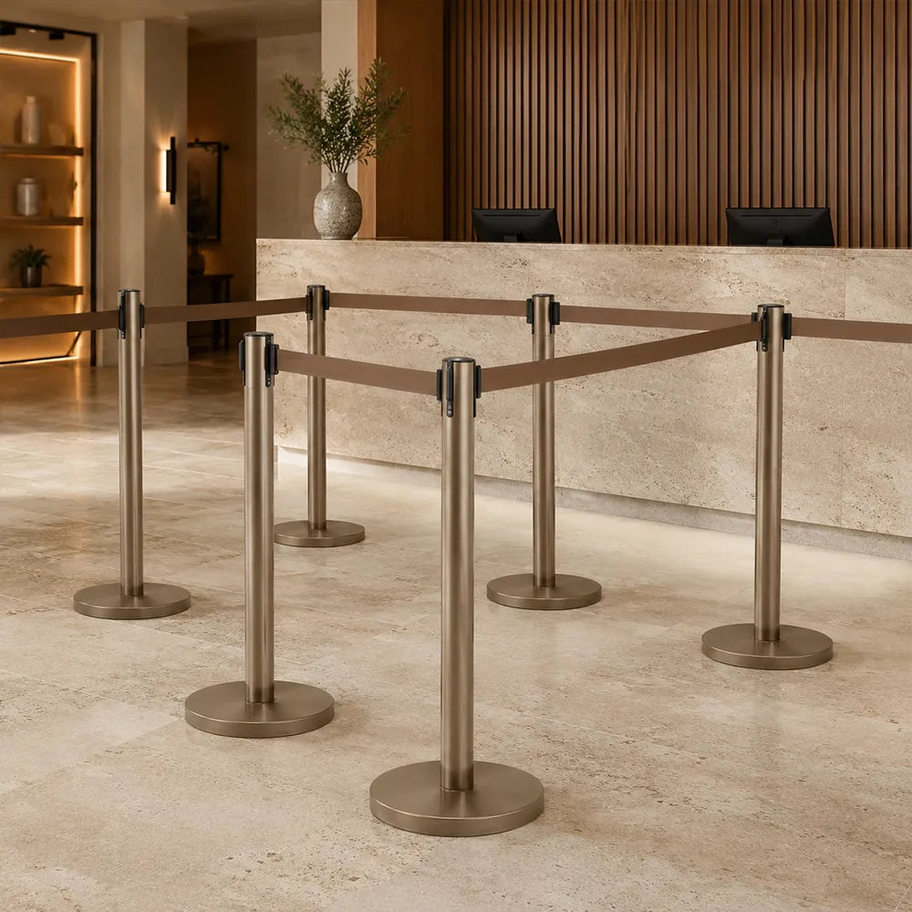 GROVIA Premium Retractable Belt Barrier 92cm Height with 2m Pink Belt Stainless Steel Queue Control Stanchion - Brown