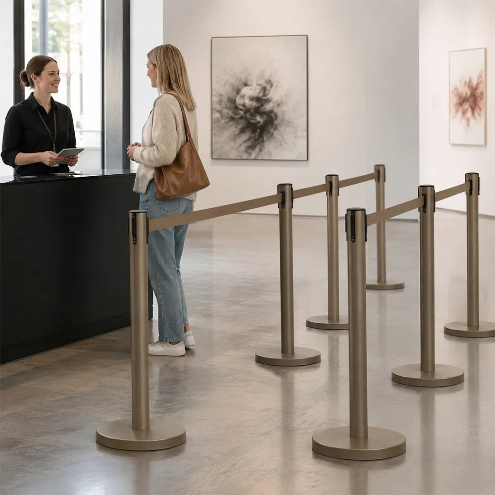 GROVIA Premium Retractable Belt Barrier 92cm Height with 2m Pink Belt Stainless Steel Queue Control Stanchion - Brown
