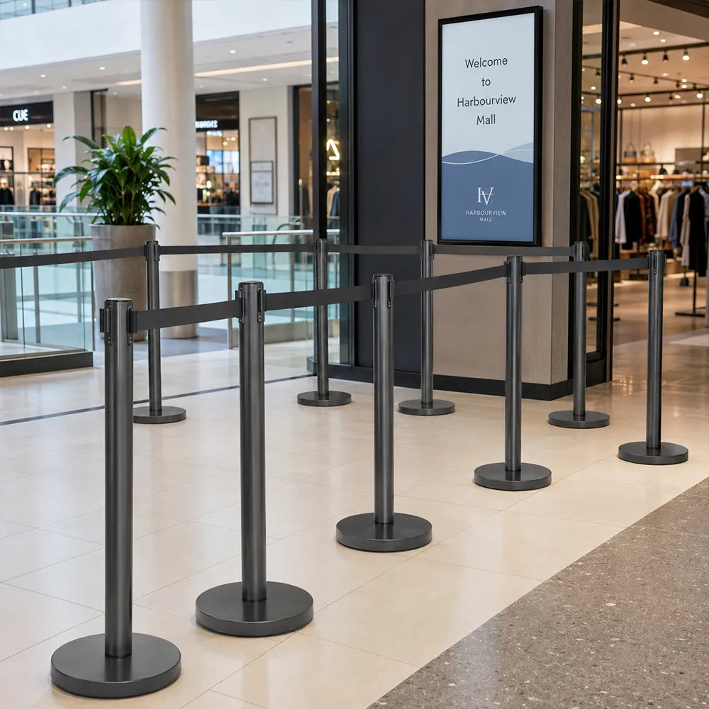 GROVIA Premium Retractable Belt Barrier 92cm Height with 2m Pink Belt Stainless Steel Queue Control Stanchion - Grey