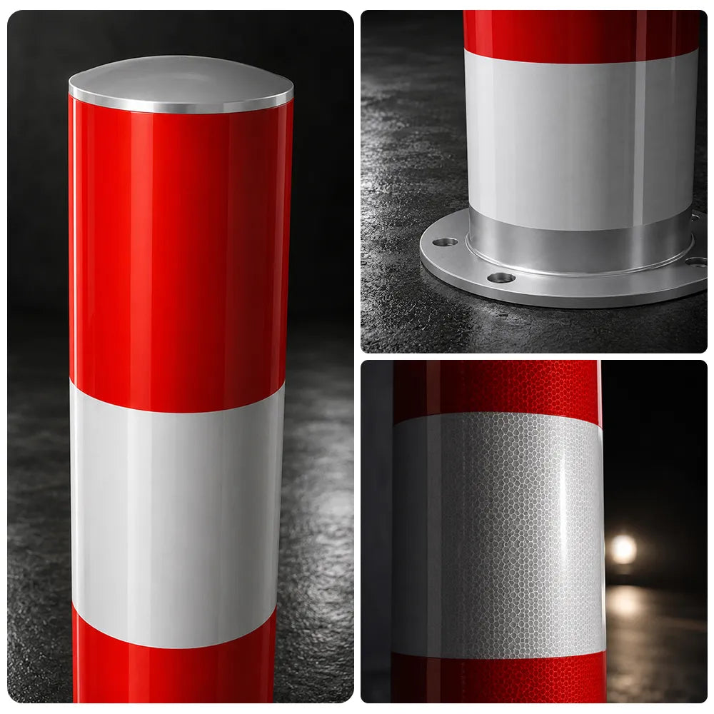 GROVIA Heavy Duty Steel Traffic Bollard 75cm Height 3mm Thick Wall Red White Safety Post Reflective Road Barrier - Red & White