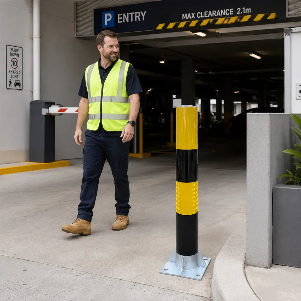 GROVIA Heavy Duty Steel Traffic Bollard 75cm Height 3mm Thick Wall Red White Safety Post Reflective Road Barrier - Yellow & Black