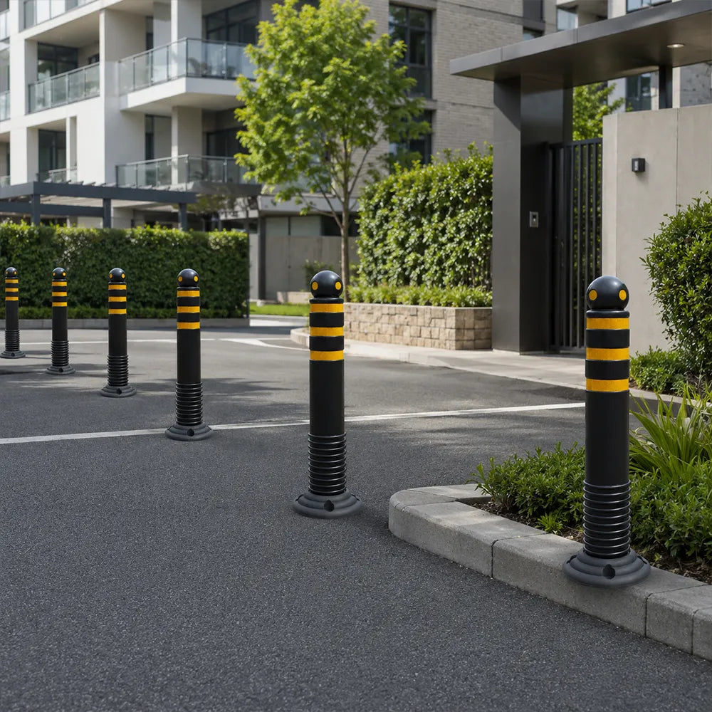 GROVIA Rubber Traffic Bollard 80cm Height 114mm Diameter Detachable Base Flexible Safety Post with Reflective Strips - Black & Yellow